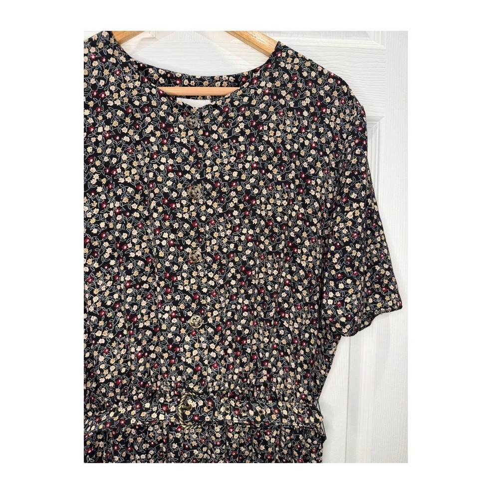 Leslie Fay Vintage 90s Ditsy Floral Maxi Dress Black Red Short Sleeve Belted 16